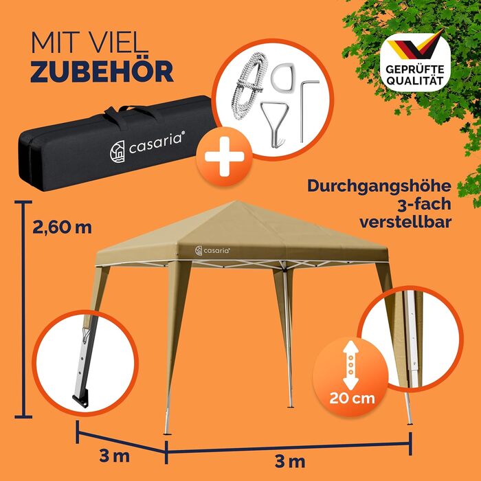 CASARIA® Capri Pavilion 3x3m Pop-Up UV Protection 50+ Waterproof Winter-Proof with Bag Foldable Stable Camping Garden Pop-Up Pavilion Party Tent (Cream)