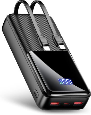 Power Bank 40000mAh з 3 портами USB та 2 кабелями, чорний. Сумісний з iPhone, Samsung Galaxy