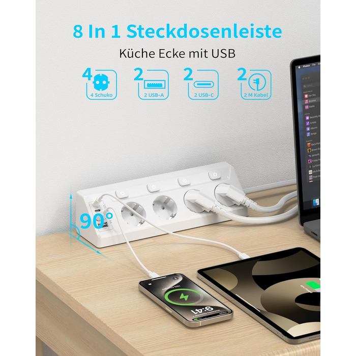 Многофункціональна мережева розетка з USB-C та захистом від перенапруги, 6 розеток, 2м кабель, 4000W, 16A, для кухні, дому, офісу (білий)