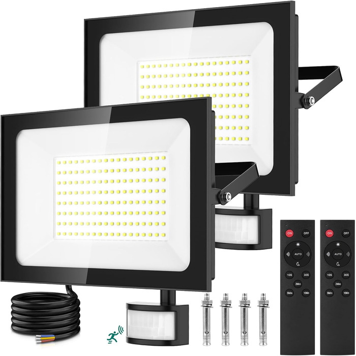 Viugreum 2Pack 150W LED Flood Lights Outdoor with Motion Sensor, 15000LM Outdoor Light, Cold White Spotlight with Remote Control, Floodlight Outdoor Spotlight, IP67 Waterproof, Floodlight with 2 Screws for Garden