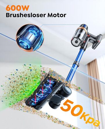Бездротовий акумуляторний пилосос 600W/50KPA/65хв з док-станцією, для дому та авто, блакитний