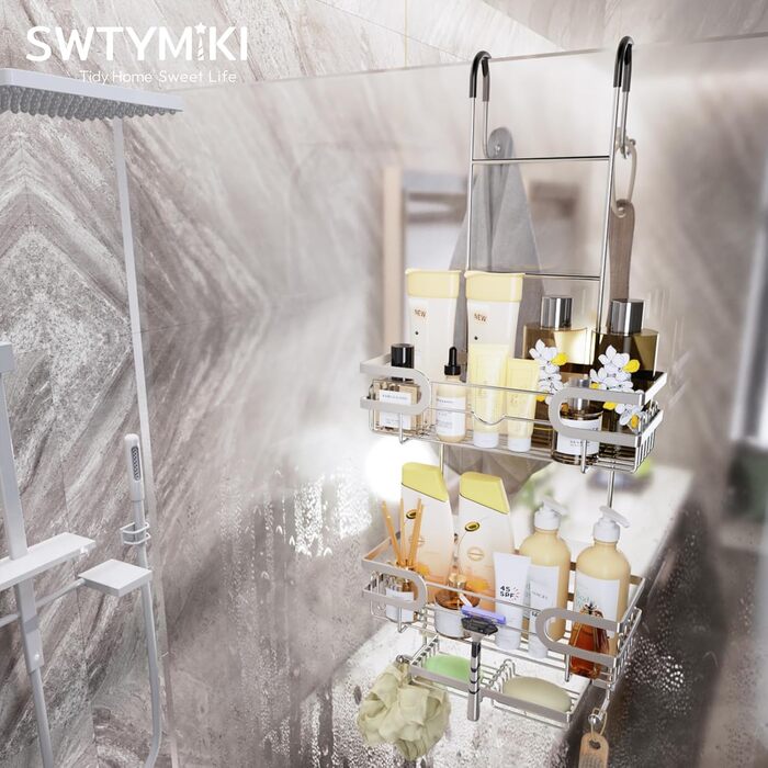 Настінна поличка для душу SWTYMIKI з нержавіючої сталі, сірого кольору - 2 корзини, 2 мильниці, 14 гачків