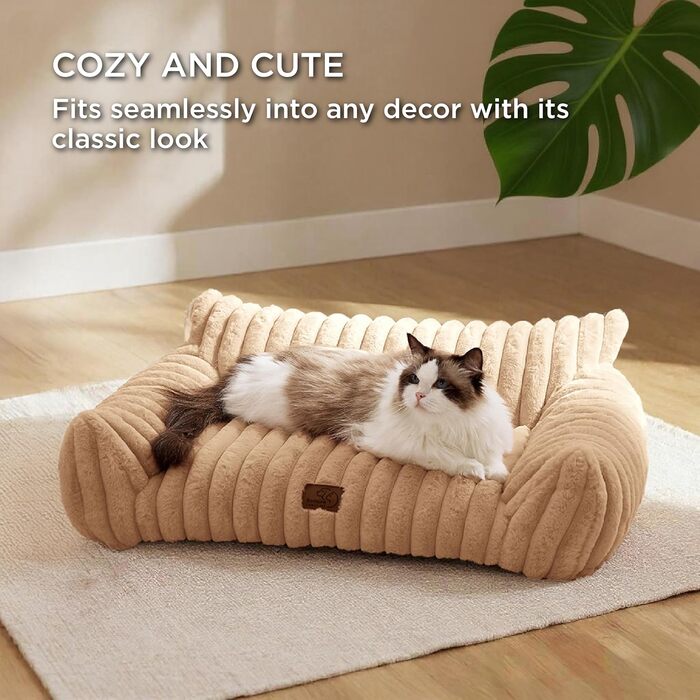 Ортопедичне ліжко для котів BEDSURE - велике, 61x46x25 см. Також підходить для маленьких собак. Зручне, м'яке, з антиковзним покриттям, легко миється. Розмір L 76 x W 51 x H 25 см, колір верблюжий.