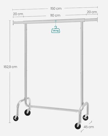 SONGMICS Clothes Rack with Wheels, Garment Rack, Heavy-Duty, Extendable Clothes Rod, Holds up to 130 kg, 45 x (110-150) x 162.9 cm, Metal, Chrome, Silver HSR11S