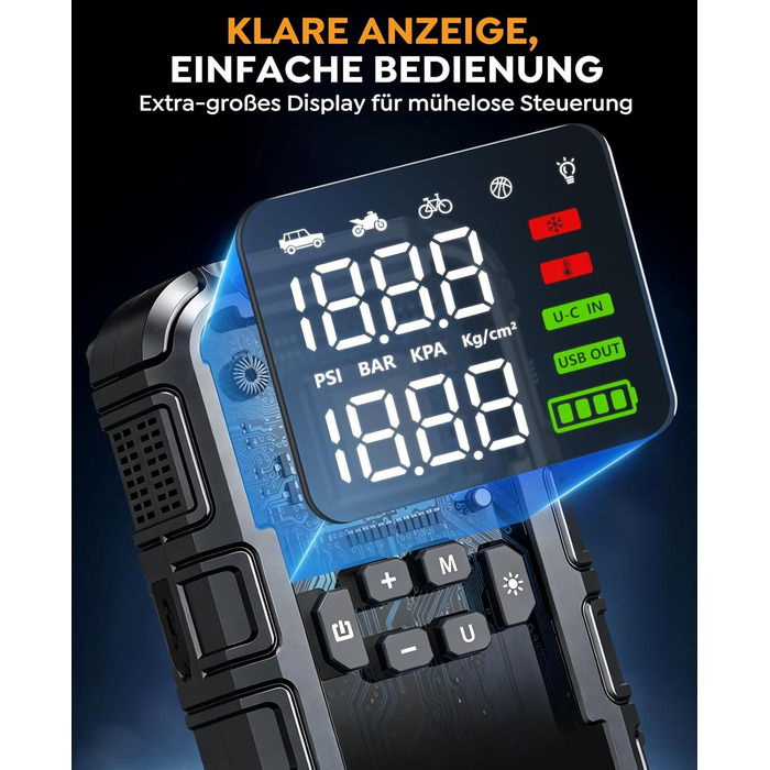 Powerbank для автомобіля з компресором 160PSI та пусковим струмом 12V (бензин/до 12L дизель) з LED-ліхтарем та LCD-дисплеєм