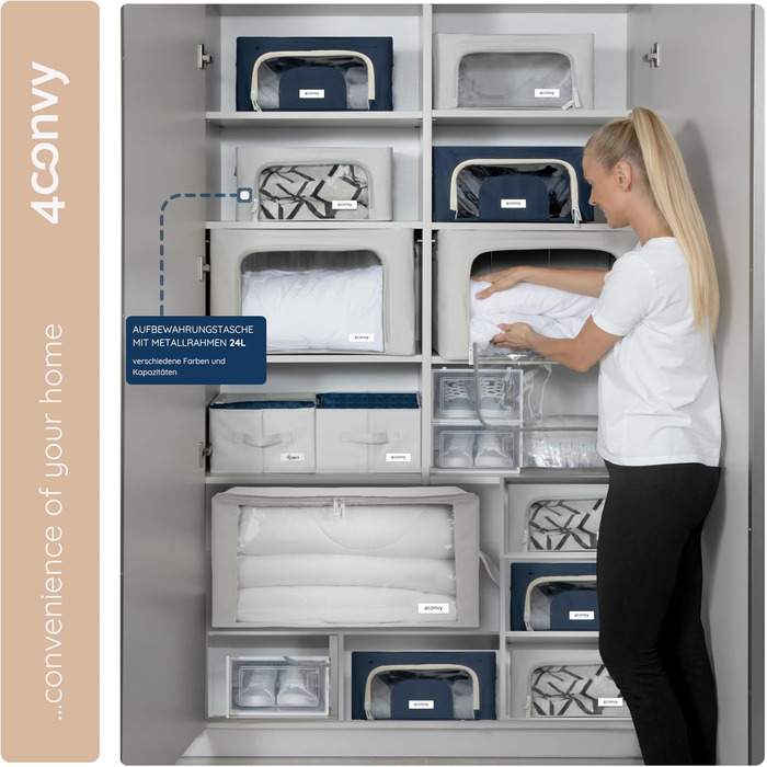 4CONVY Коробка для зберігання одягу з блискавкою та металевим каркасом - 3x24L, сіра, з вікнами (2 шт.) [2024, покращений матеріал]