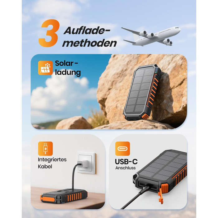 Power Bank Fandealo 27000mAh з сонячною панеллю – 22,5W, PD, QC 3.0, USB-C, 2 кабелі, 2 ліхтарики, для смартфонів, планшетів, кемпінгу