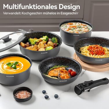 Набір каструль та сковорідок 17 частин з знімним ручками, антипригарне покриття, для всіх типів плит, включаючи індукційні, та духовка, сірий колір