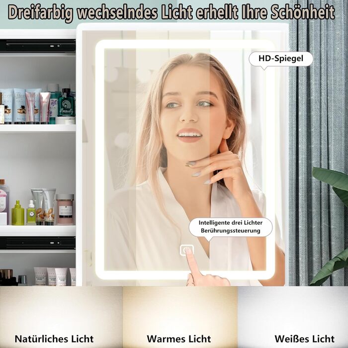 Туалетний столик з LED-підсвіткою, дзеркалом і регульованою яскравістю, з табуретом, 3 шухлядами та 5 полицями, сучасний косметичний стіл з дерева, білий