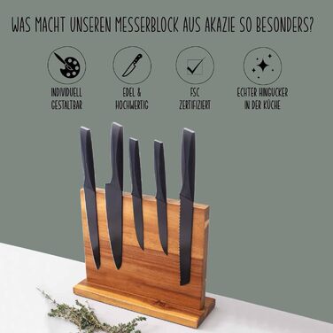 Personalized Magnetic Knife Block from Acacia Wood - Without Knives - 32 x 25 x 10.5 cm - Stable Base - Individual Design - Gift for Birthday, Mother's Day, Housewarming - Wooden Knife Holder (Secret Ingredient)