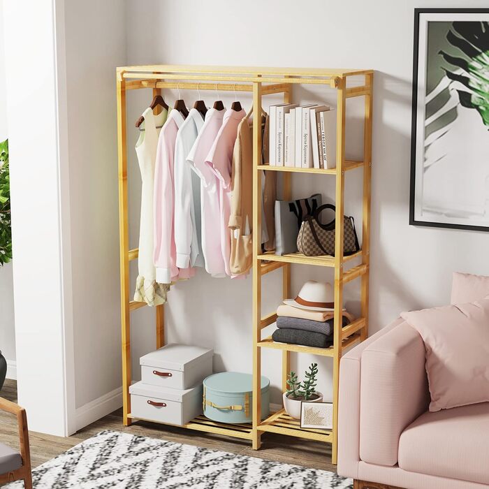 Bamboo Clothes Rack, Coat Stand with Shelves, Laundry Rack with Curtain and Clothes Rail, 90x30x146.6cm