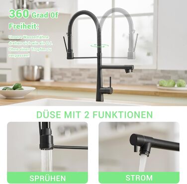 LED кухонний змішувач з спіральною пружиною, 360° обертання, 2 виходи, висувний, для кухні, з душем, високий тиск, матовий нікель, чорний (56.8 см)