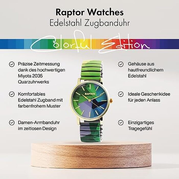 Жіночий наручний годинник Raptor Colorful Edition — яскравий багатоколірний дизайн, розтяжний ремінець, стильний аксесуар для жінок та літніх людей