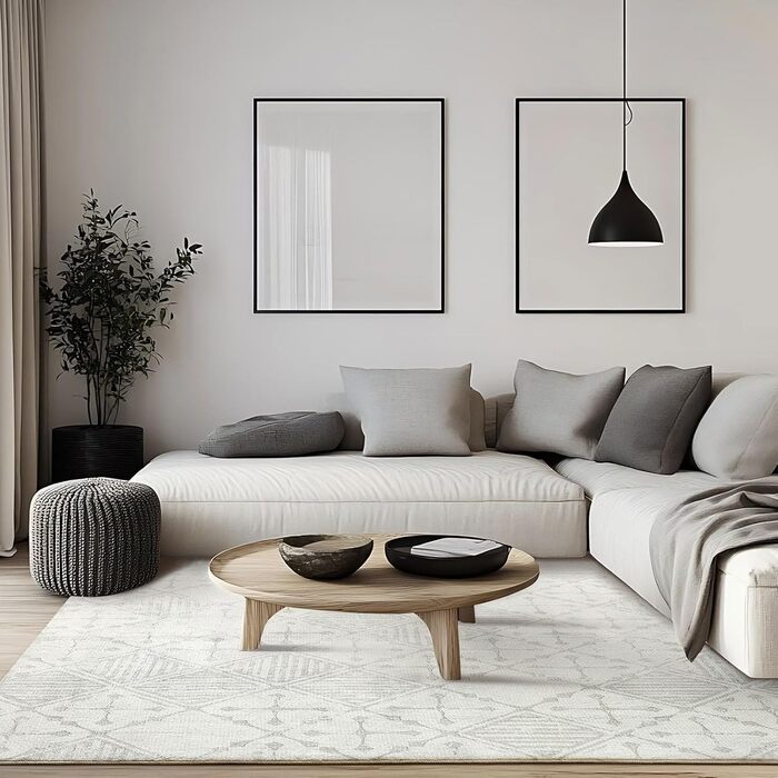 Килим Leesentec для вітальні та спальні: геометричний, антиковзаючий, короткий ворс, бежевий та білий (слонова кістка), розміри 80x120 см та 200x250 см