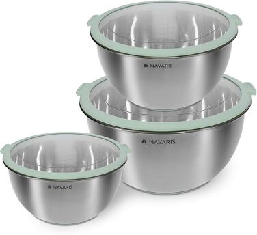 Navaris Stainless Steel Bowl Set with Lid - 3-Piece Mixing Bowl, Salad Bowl - Stainless Steel Bowl Set, Containers in Mint Green