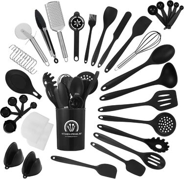 Набір кухонних помічників 43 шт. Силіконовий набір лопаток для приготування їжі, стійкий до високих температур та з антипригарним покриттям. Набір кухонних аксесуарів бежевого кольору з контейнером, гачком для зберігання, придатний для миття в посудомийні