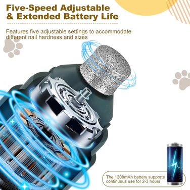 Електричний точило для собачих кігтів VINATO з LED-підсвічуванням, 5 швидкостей, тихе та перезаряджуване, для малих, середніх та великих собак