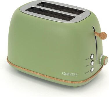 Тостер Kaito з широким подвійним слотом, 3,8 см та 13,5 см, 6 рівнів підсмажування, вінтажний дизайн, ефект дерева, матово-зелений колір