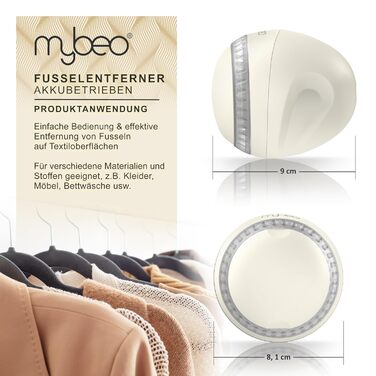 MyBeo - Електричний видалення ворсу з одягу - бездротовий прилад для видалення ворсу з тканини з USB-кабелем для зарядки - для всіх видів одягу - видаляє ковтунці - 2 змінні леза - акумуляторний (Колір: Бежевий)