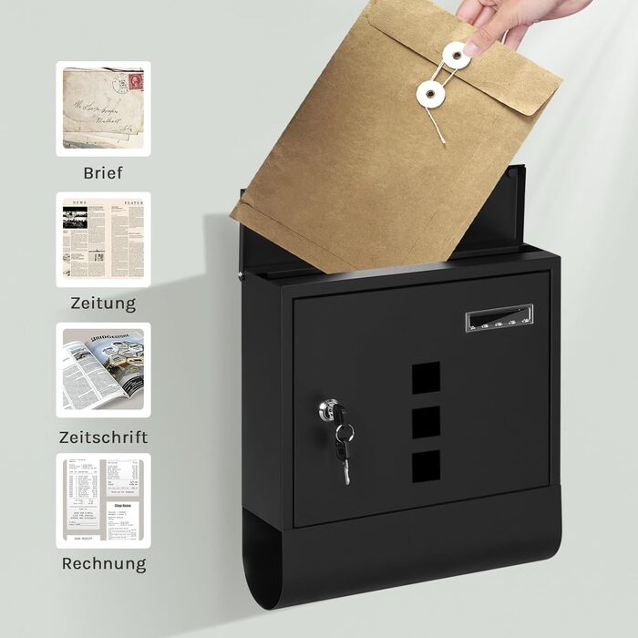 Поштовий ящик WOLTU з газетницею, оглядовим вікном та табличкою для імені, настінний, замиканий (2 ключі), сучасний дизайн, чорний (30,5x33,5x9 см)