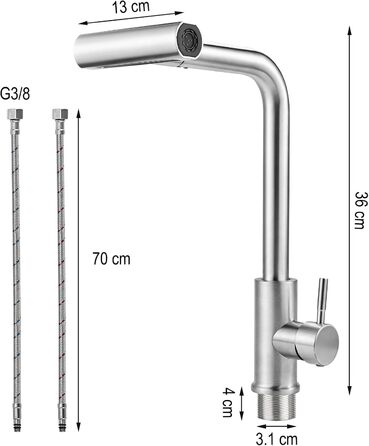 Кран кухонний висувний Cieex, 360° поворот, 4 режими, з душем, нержавіюча сталь, сріблястий
