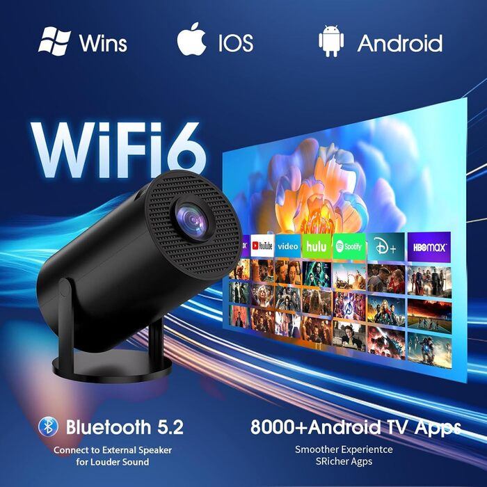 Проектор Mini Beamer 4K Full HD з Android TV, WiFi 6, Bluetooth 5.2, Auto Keystone, чорний