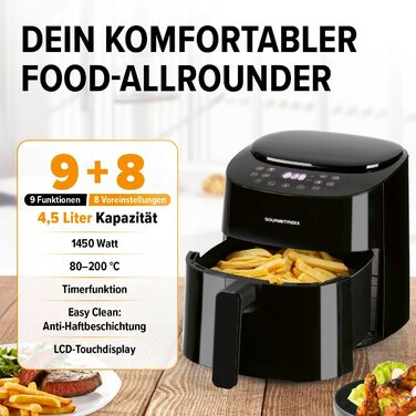 Gourmetmaxx Air Fryer - 4.5L Digital Air Fryer with Timer & Touchscreen - 9 Functions, 8 Programs, Energy-Saving, Black Mini Oven