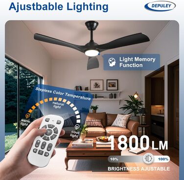 Стеляний вентилятор Depuley Leise з підсвічуванням для вулиці: LED лампа з вентилятором для саду, тераси - 132см, з пультом керування, для вітальні, ресторану, офісу (Чорний, 52'' з підсвічуванням)