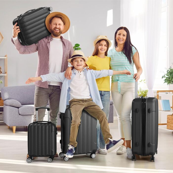 Набір валіз LALAHO 3/4/5 шт. з косметичками, чорний, ABS пластик