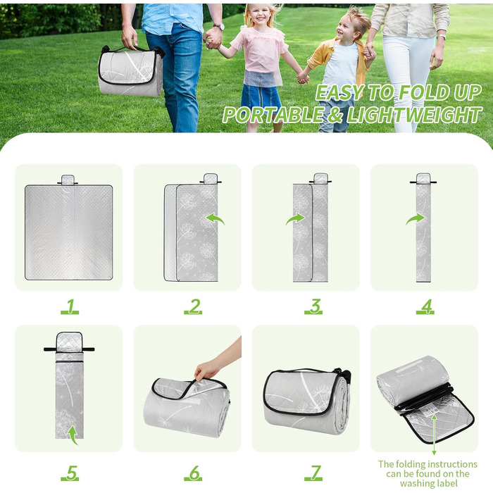 Пікнікова ковдра Aptliton 200x200 см, велика водонепроникна, з 4 кілочками, для кемпінгу, парку, саду, пляжу, машинного прання, складна, сірий молочай