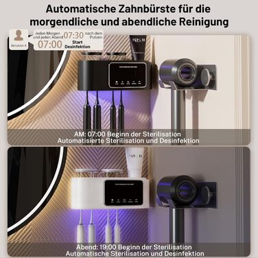 Wall-Mounted Toothbrush Holder, Bathroom Toothbrush Holder Set for Kids and Adults, 4 Brush Slots, 2 Magnetic, Bathroom Organizer Cups (2 Cups - Black)