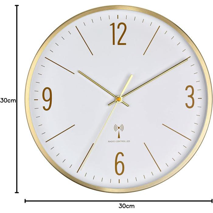 TFA Dostmann Analog Wall Clock, 60.3534.55, 30cm, Gold-Colored Metal Frame, Quiet Movement, Modern Design, with Glass Cover, Gold