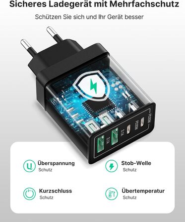 Зарядний пристрій Aioneus USB-C 40W, 4 порти PD 3.0 + QC USB-A, швидка зарядка для iPhone 15 Pro Max, Samsung та інших смартфонів - Чорний