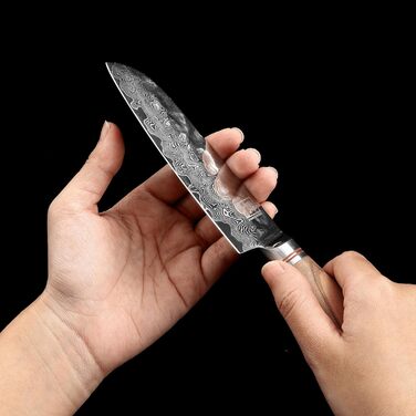 Японський ніж Santoku Zayiko Minami Premium з 12 см лезом з дамаської сталі 67 шарів, ручка з оливкового дерева, дерев'яна коробка. Кухонний ніж для професіоналів та дому без гравіювання