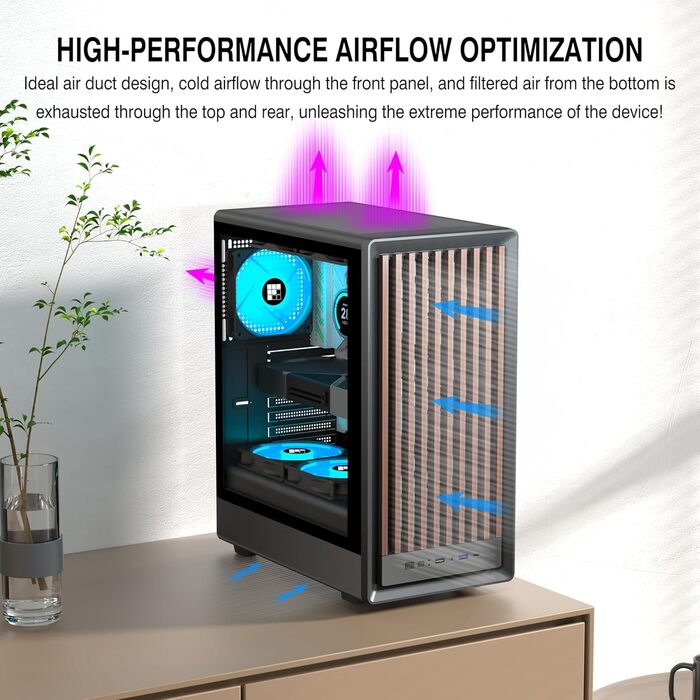 Корпус ПК FOIFKIN M1 з дерев'яною передньою панеллю з горіха, встановлений 4 PWM ARGB вентилятор, Mid-Tower для ігрового ПК, з Type-C, чорний (чорний, M1)