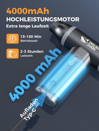 Електричний пилосос для повітряного тиску Smiling Shark J01 з алюмінію, 130000 об/хв, багатофункціональний, для ПК, BBQ, авто, кемпінгу, сірий (J01-BK)
