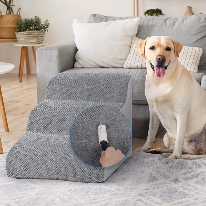 LIANTRAL Dog Stairs, 3 Steps Dog Ladder for Bed and Sofa made of High-Density Sponge, Cat Stairs Dog Ramp with Removable, Washable Cover and Pet Hair Remover Roller, 40 cm High