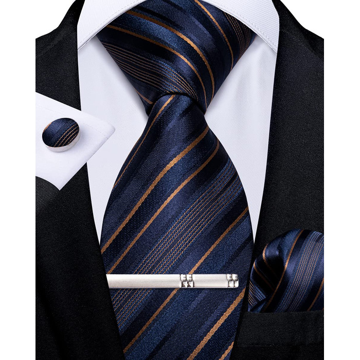 Набір краваток чоловічий DiBanGu з шовковим смугастим та клітинчастим візерунком, з кишеньковим хустинкою, краватковою застібкою та манжетонами (синій та золотий)