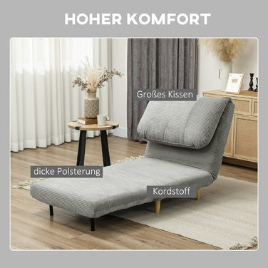 HOMCOM 2-in-1 Sleeper Sofa, Convertible Sleeper Chair, Adjustable Folding Mattress Guest Bed with Corduroy Look, for Bedroom, Living Room Grey 82 x 89 x 83 cm | Aosom