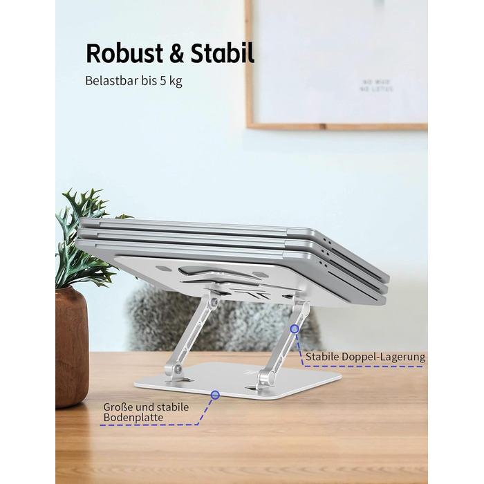 Підставка для ноутбука Ergonomic з алюмінію, регульована по висоті та складна, стабільна та з неслизьким покриттям, покращена вентиляція, сумісна з MacBook (до 15,6 дюймів), срібна