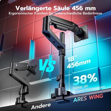 Кронштейн для монітора ARES WING з газліфтом для екранів 17-49 дюймів, навантаження до 20 кг, VESA 75/100, чорний