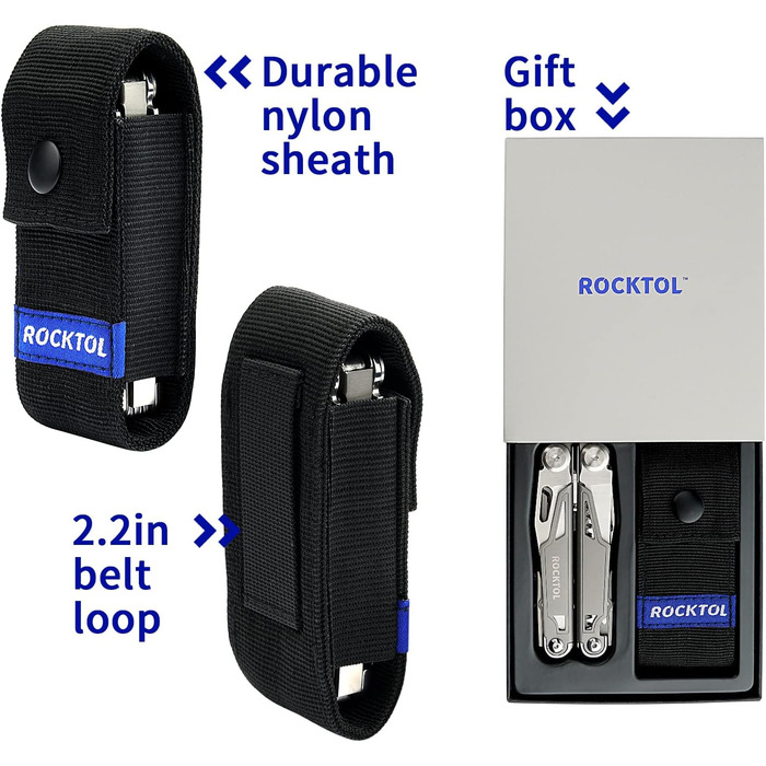 ROCKTOL 19-in-1 Multifunction Pliers - Titanium Coated EDC Tool with Safety Lock & Nylon Sheath - Gift for Men