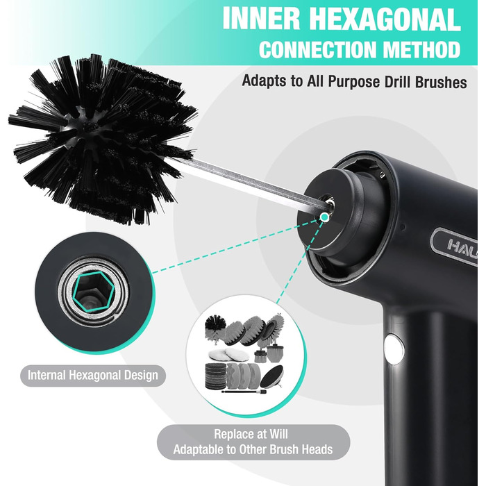 Електрична щітка для прибирання HAUSHOF з акумулятором, підставка, LCD дисплей, 3 швидкості, скрубер з 7 насадками та точилка для ножів, для ванної, кухні, плитки