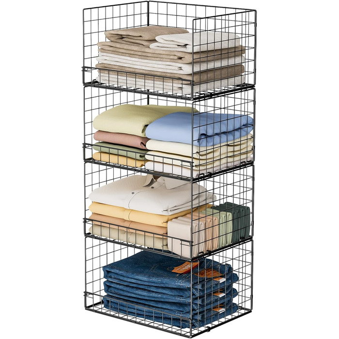 4-Tier Stackable Closet Organizer and Storage Shelves, Clothes Rack, Organizer, Basket Bins, Foldable Sweater Storage for Closet Organizer System, Black (patent pending)