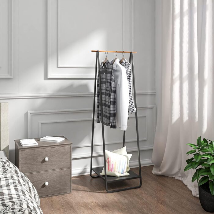 WOLTU Clothes Rack Black for Bedroom Wardrobe Clothes Rail Narrow Metal Clothes Rod with Metal Shelves approx. 54x45x141cm (WxDxH)