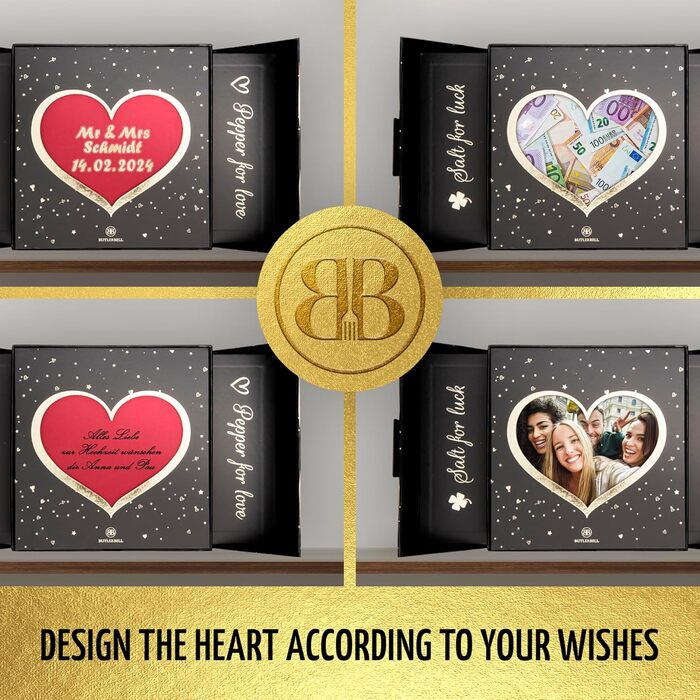 BUTLERBELL® English | Salt and pepper mill made of wood in a luxury gift box with heart, ideal as a wedding gift | Wedding gifts | Wedding gifts for the wedding couple | Housewarming gift (Cupidon)