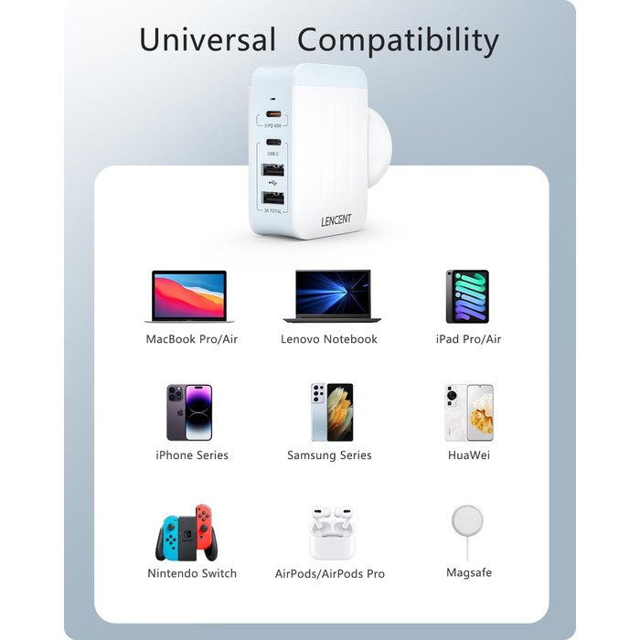 Універсальний адаптер LENCENT з USB зарядкою 45W, 4 порти (2x USB-A, 2x USB-C) - EU/US/UK/AU