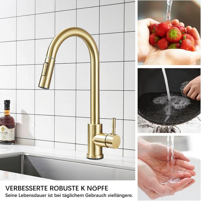 Кухонний змішувач з двома виливами, поворотний на 360°, з високим виливом та спіральною голкою, з нержавіючої сталі (золотий)