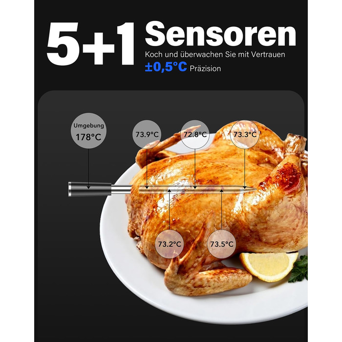 Термометр для гриля та духовки BFOUR WiFi Bluetooth з 6 датчиками, IP67, 2600mAh, керування через додаток