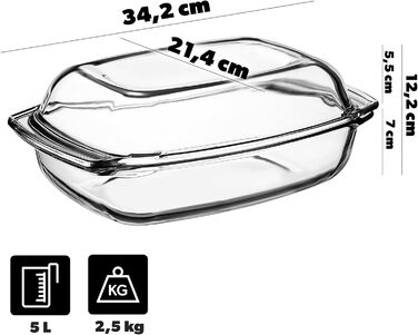 Форма для запікання KADAX 5л зі склокераміки з кришкою та ручками – прямокутна, жароміцна посудина для тушкування та випікання, ідеальна для лазаньї, м'ясних страв, підходить для духовки та електроплити 5л
